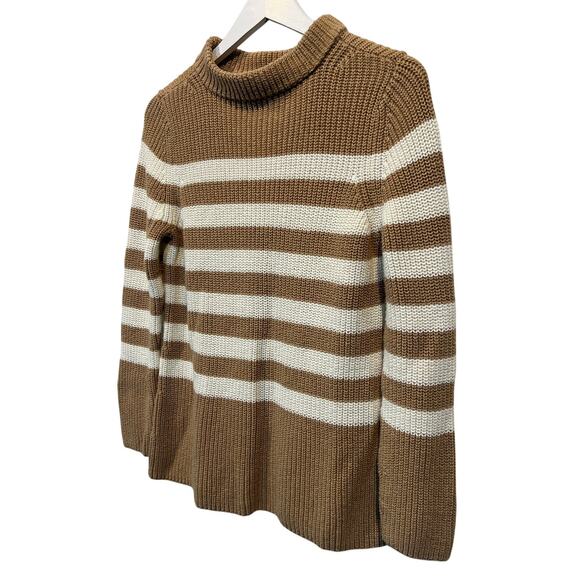 Talbots Womens Petite Medium Mock Neck Sweater Shaker Stitch Tan Cream Stripe - Picture 9 of 11
